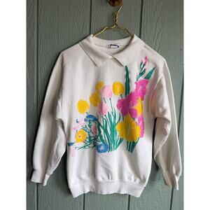Vintage 1980s Quips Floral Collared Sweatshirt Tulip Garden Print Size Med